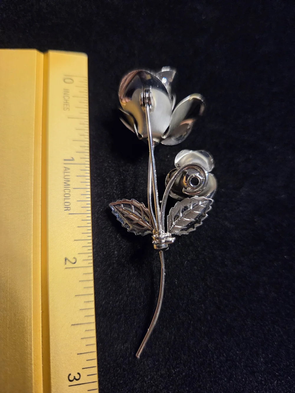 Vintage Silver Tone Rose Long Polished and Matte Floral Brooch Pin